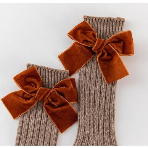 Autumn new velvet ribbon bowknot woolen girls middle tube socks delicate cotton feeling girls socks children socks