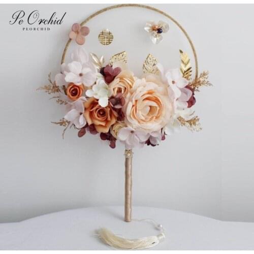 PEORCHID Classic Champagne Bridal Fan Bouquets flor Artificial Chinese Vintage Palace Round Hand Fan Brooch Wedding Bouquet