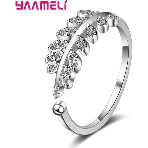 Simple Solid 925 Sterling Silver Opening Adjustable Finger Ring for Women Girl Shining AAA Zircon Feather Leaf Design