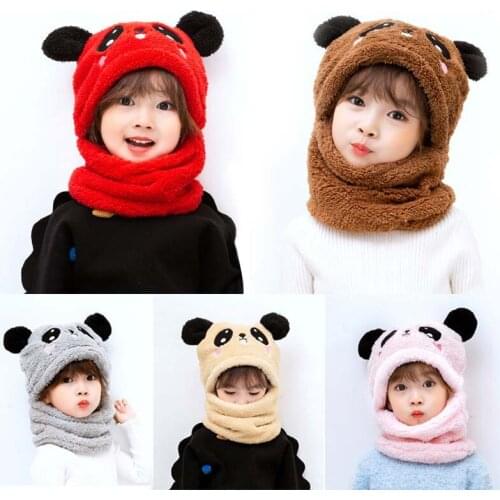 Cute Fur Panda Bear Baby Girl Hats Scarf Set Outdoor Turban Beanie Warm Wool Fur Caps Soft Hat For Childrern Boys Autumn Winter