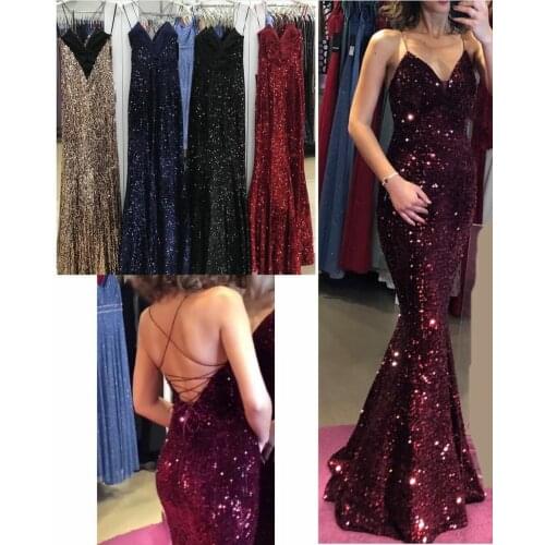 Sexy Long V-Neck Sequin Burgundy Evening Dresses Criss Cross Back Satin Mermaid Abendkleid Robes de Soirée for Women