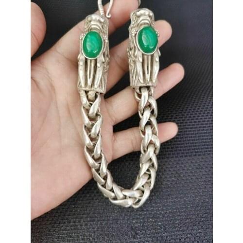 Old Chinese tibet silver inlay green jade dragon head Bracelet