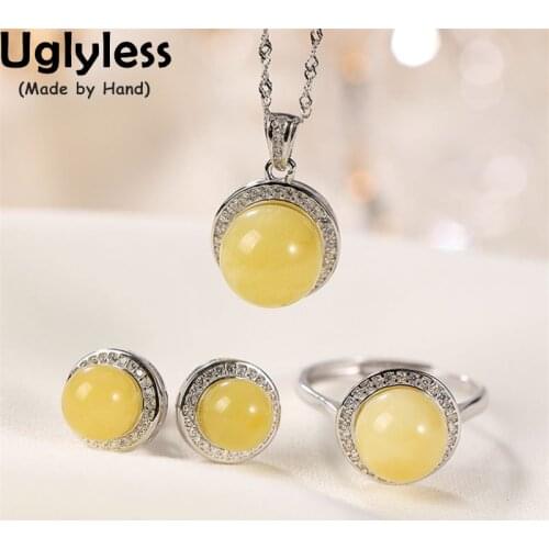 Uglyless Elegant Amber Jewelry Sets for Women Simple Balls Gemstones Dress Necklaces Rings Studs Earrings 925 Silver Crystals