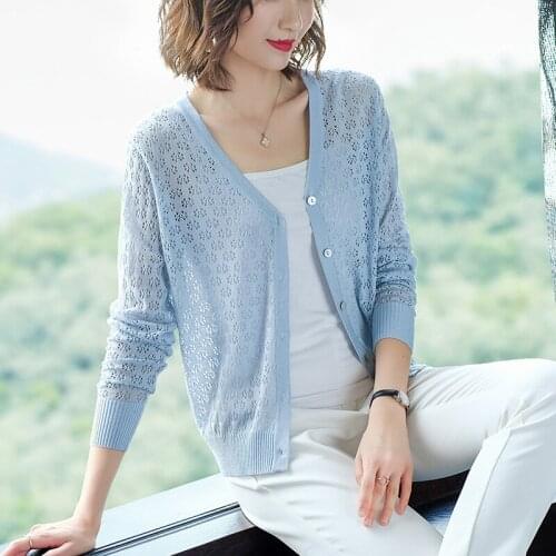 High Quality Women Wool Knitwear Elegant Female Hollow Out Thin Knit Cardigan Free Shipping