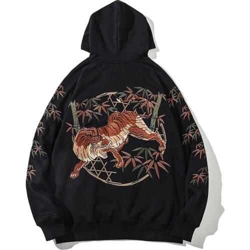Makuluya Men Boys Tiger Winter BLACK Casual Velvet Lining Pullover Hoodies Long Sleeve Embroidered High Street Streetwear L
