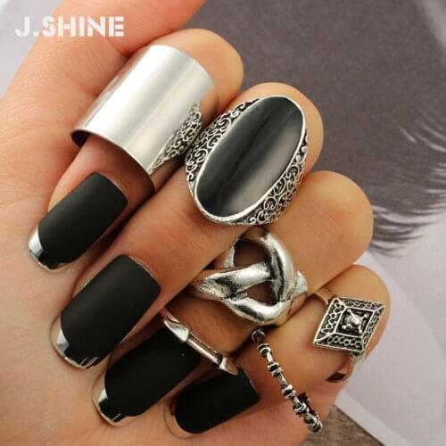 JShine 6Pcs/Set Bohemia Antique Silver Color Arrow Knot Black Enamel Oval Geometric Charms Big Rings Sets for Women Punk Jewelry