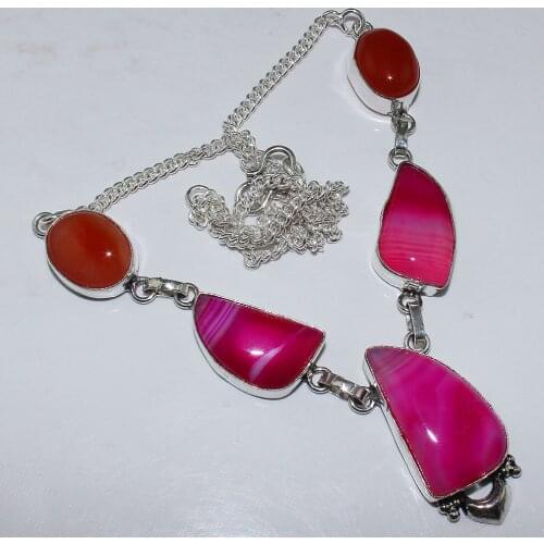 Botswana Agates & Carnelian Necklace Silver Overlay over Copper , 49.5 cm, N0843