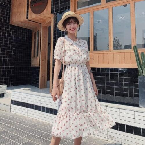 Summer Dress Women Korean style Short Sleeve Printed Chiffon Dress Long Floral Sweet Cute Clothing Vestidos Oversized White