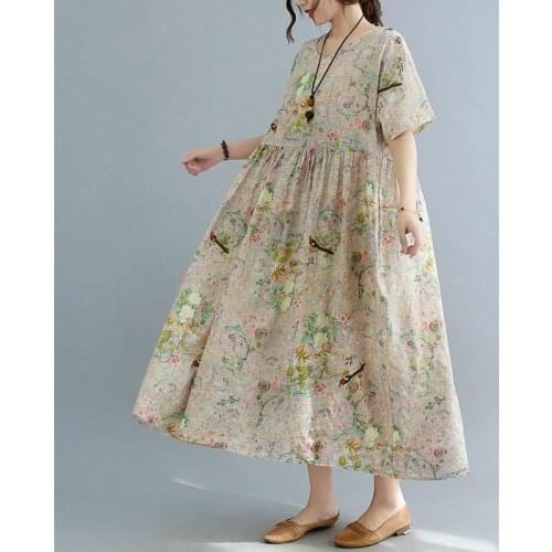 Print Floral Vintage Dress 100kg Wear Loose Women Dress Soft Cotton Short Sleeve Holiday Outdoor Travel Casual Summer Long Dress