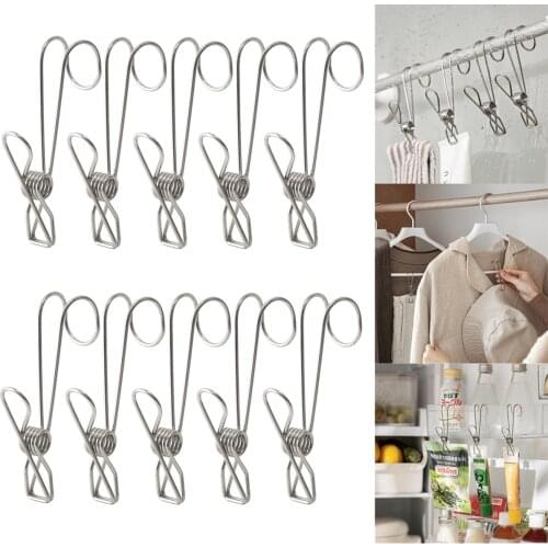 10 Pcs 3.7” Portable Stainless Steel Clothes Pegs with Hooks Windproof Towel Clip Laundry Clothes Pins Travel Mini Clothespins