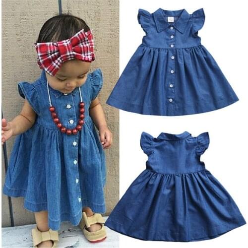 2019 Brand Toddler Baby Kids Girl Princess Summer Denim Sundress Party Ruffles Sleeve Mini Dress Clothes Size 2-6T