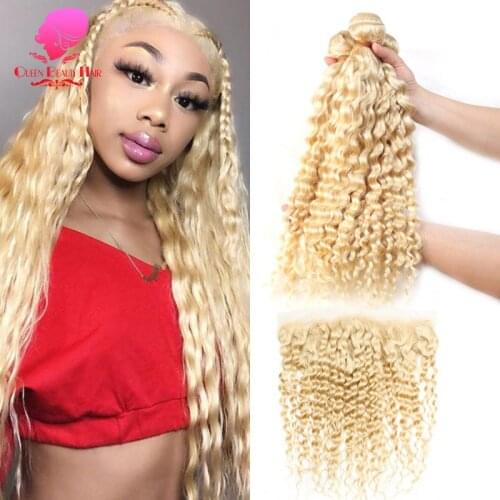 QUEEN Blonde Human 3/4 Bundles 613 Remy Malaysian Curly Hair with Closure 13x4 Preplucked 613 Lace Frontal Closure and Bundles