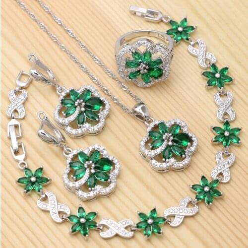 925 Silver Jewelry Sets For Women Green Cubic Zirconia White Crystal Flower Shape Ring Bracelet Pendant Earrings Necklace
