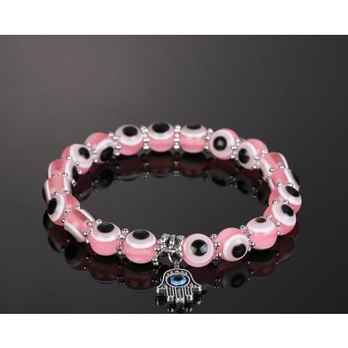 HI MAN Seven Newly Designed 8mm Resin evil Eye Bead Bracelet Fatima Hand Pendant Female Charm Fashion Wristband Friendship Gift