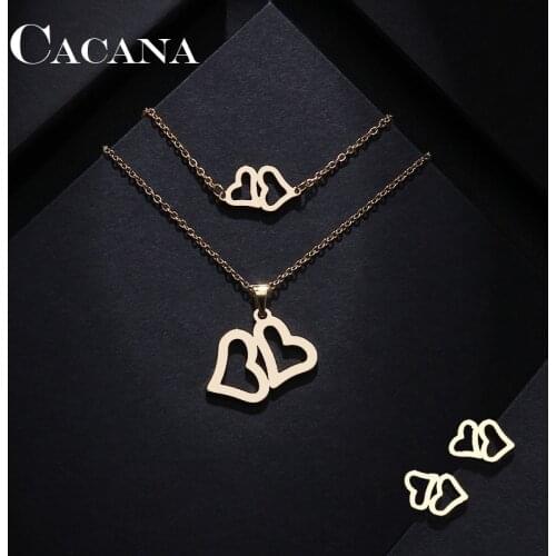 CACANA Stainless Steel Sets For Women Double Heart Shape Necklace Bracelets Earrings For Women Lovers Engagement Jewelry