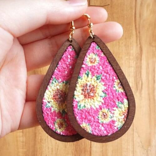 Geometric Wooden Sunflower Pink Leather Drop Earrings for Women