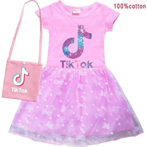 Tik Tok Summer Tik Tok Girls Cotton Dress+bag Gauze Patchwork Dress Children Girl Home Party Casual Clothes Dresses