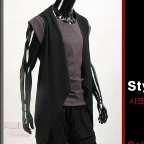 Cotton Sleeveless Cardigan Vest Thin Coat Hair Stylist Trendy Male Plus Size Nightclub Irregular Vest Shawl Long