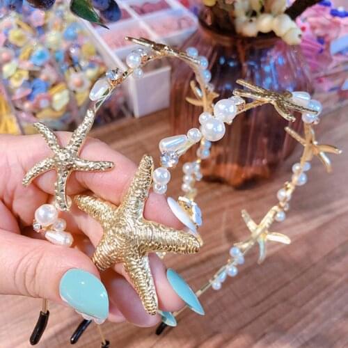 Minimalist Marine Style Women Hair Hoop Metallic Gold Starfish Vintage Thin Headband Imitation Pearl Beading Jewelry Headpiece