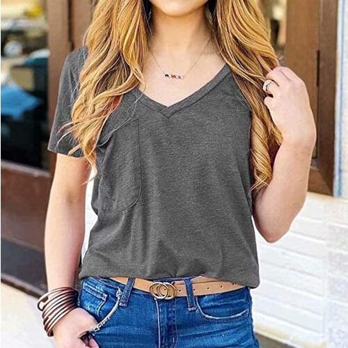 Fashion Solid Pocket Blouse Shirt Loose V-Neck Tops Tee Summer Casual Ladies Tops Female Women Short Sleeve Blusas Pullover