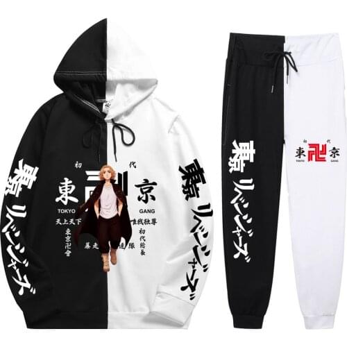 Fashion Summer Autumn Unisex 2 Pieces Sets Anime Tokyo Revengers Print Casual Loose Patchwork Thin Hoodie+Patchwork Pants