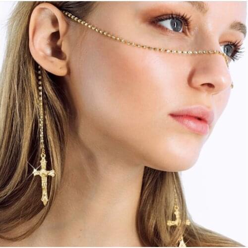 Fashion Design Simple One Row Rhinestone Cross Pendant Face Chain Jewelry for Women Party Luxury Crystal Chain Face Accessores