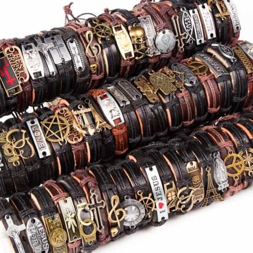 30Pcs/lot Mix Styles Metal Leather Cuff Punk Jesus Biker Bracelets Mens Womens Jewelry Party Gifts Wholesale Bulk