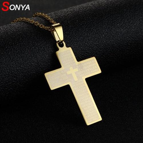 SONYA Mens Bible Cross Pendant Necklace Stainless Steel In Gold Color Regilous Christian Male Choker Jewelry