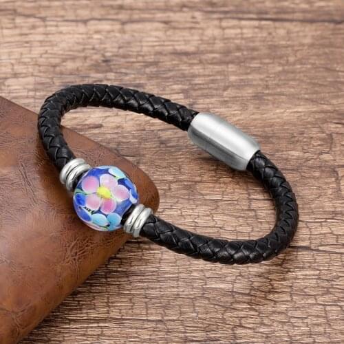 2020 New Design Genuine Leather Men Bracelet Charm Round Coloured Glaze Beaded Bracelet Stainless Steel Magnet Mens Jewelry Gift