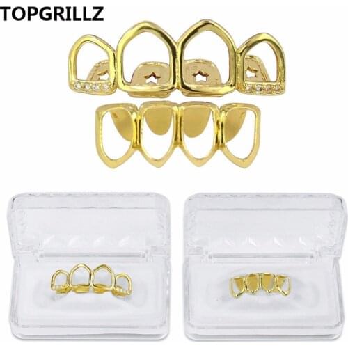 TOPGRILLZ Grill Set Gold Color Plated Four Full Open Face Hollow Tooth Grillz Top with CZ & Bottom Teeth Grills For Men & Women