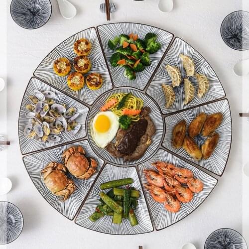 9 Pcs Ceramic Combination Plate Set Flat Bottom Platter Porcelain Tableware Underglaze Color Suitable Oven Dishwasher CZY1041