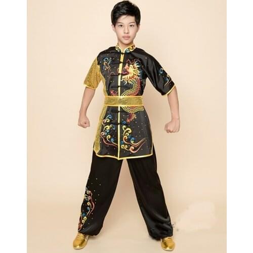 Chinese Boy Outfit 2019 Summer Kung Fu Clothes Kid Short Sleeve Embroidery Dragon Shiny Tang Suit Wushu Bruce Lee Costume TA1504