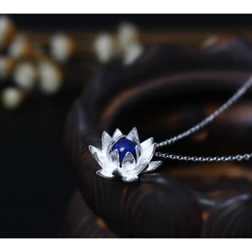 S925 Pure Silver Pendant Necklace Female Lapis Lazuli Lotus Pendant Clavicle Chain Necklace for Women Original Accessories