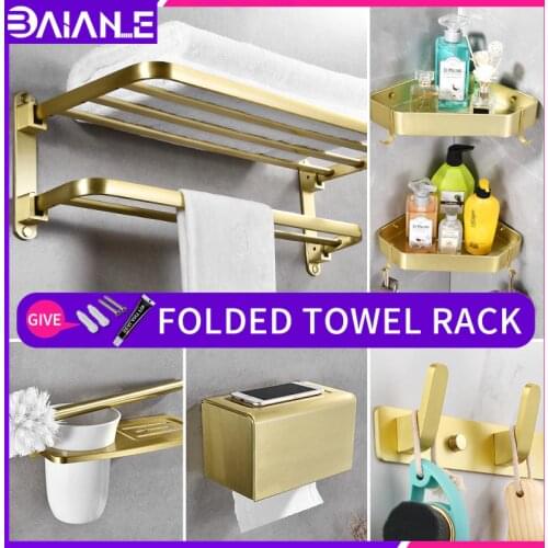 Brushed gold Bathroom towel rack hardware set wall fold double towel shelves corner shelf Toilet brush roll paper towel holder