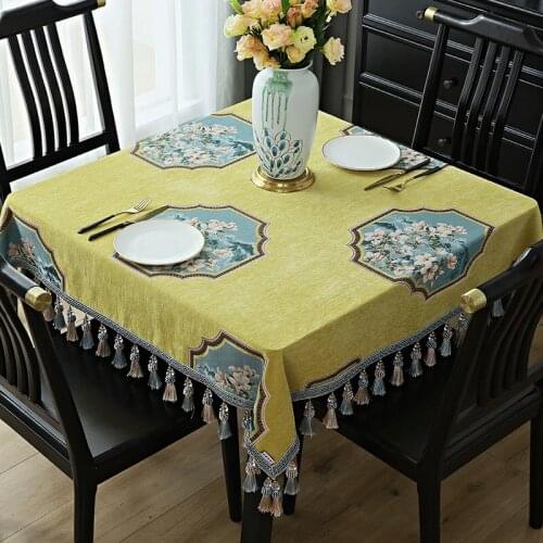 Chenille Chinese Style Square Tablecloth Dining Tea Coffee Table Cover Party Tassel Flower Yellow Blue 140x140cm Decoration