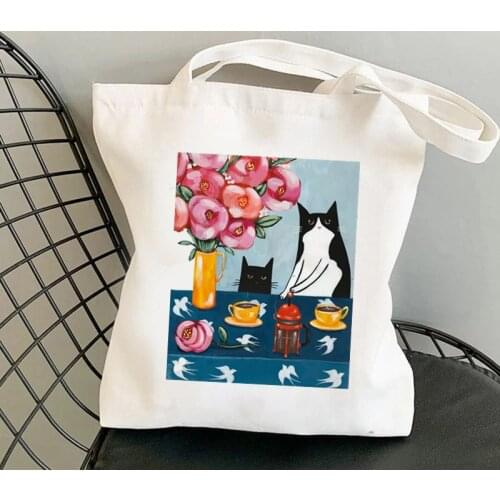 Shopper French Press Coffee Cats Printed Tote Bag women Harajuku shopper handbag girl Shoulder shopping bag Lady Canvas Bag