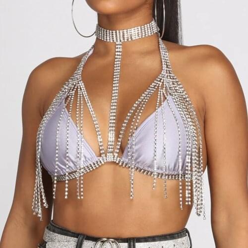 VCU Sexy Tassel Rhinestone Bodysuit Body Chain Beach Accessories For Women Harness Necklace Beach Body Jewelry Chain