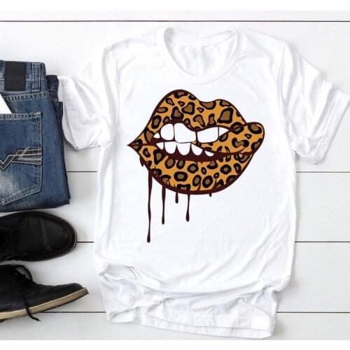 Women Leopard Funny Lip Printing O-neck Fashion Cartoon Summer Graphic T Top Lady Print Tee Female Tshirts Clothes T-Shirt
