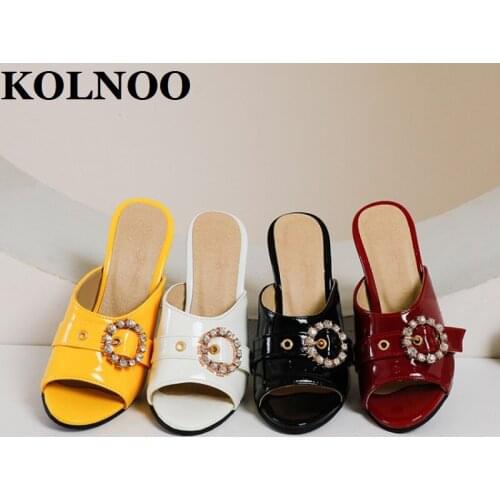 KOLNOO Handmade Simple Style Womens Chunky Heeled Slippers Rhinestone Peep-Toe Sexy Summer Shoes Daily Wear Fashion Club Sandals