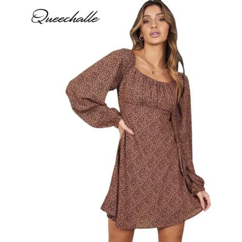 Sexy Square Collar Leopard Dress 2021 Autumn Streetwear Lantern Sleeve Short Mini Dresses for Women Brown Party Vestidos Female