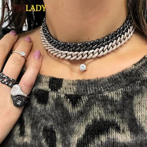 Iced Out Hip Hop Bling Sparking CZ Paved Cuban Choker Necklace 2021 High Quality Black White CZ Cuban Choker Necklace For Women