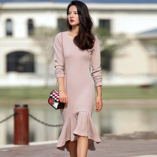 Customized 2016 New Autumn Womens Long Sleeve OL Style Dovetail High Low Ruffles Elegant Dresses Slim Irregular Fishtail Dress