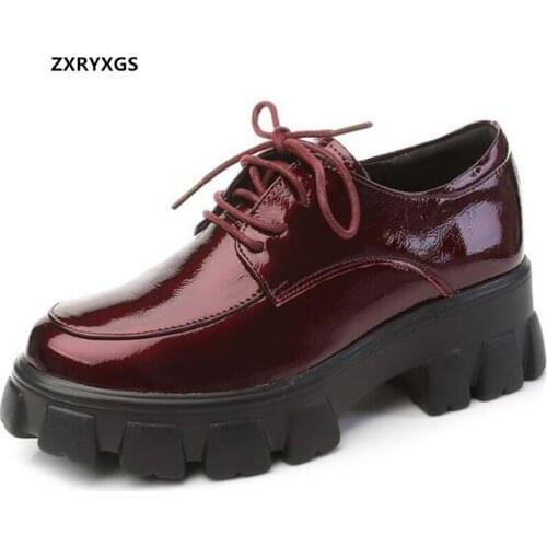 ZXRYXGS Top Cowhide Patent Leather Shoes Women High Heel Shoes 2021 British Style Increased Platform Shoes Wedges Trendy Shoes