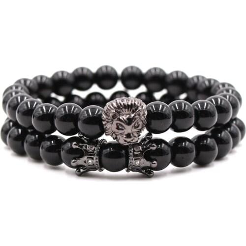 2PCS/Set Charm 8mm Natural Bright black stone bead Bracelets Lion head bracelet for Men&Women charm Handmade Jewelry Gifts