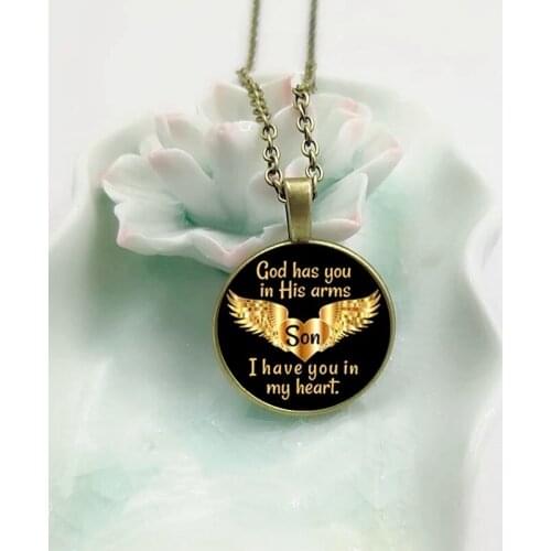 2019 New Fashionable English English God Holds You In Your Arms Son You Are In My Heart Glass Pendant Necklace