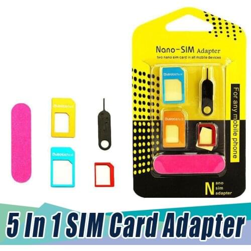 5 in 1 Nano Sim Card Adapters + Regular & Micro Sim + Standard SIM Card & Tools For iPhone 7 8 X for huawei Retail Box 100set