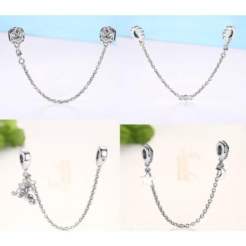 925 Sterling Silver Pave Inspiration Star Safety Chain Clear CZ Stopper Charms Fit Bracelet DIY Bead for Jewelry Making