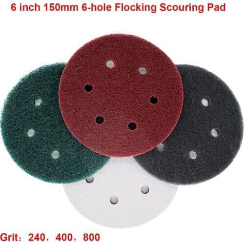 5Pcs 6" 150mm Flocking Scouring Pad 6-hole Round Nylon Fiber Abrasive Sanding Discs for Rust Removal Dusting Polishing Grinding