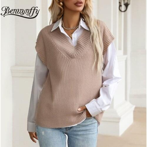 Benuynffy V-neck Solid Knitted Sweater Vest Women Fashion Korean Loose Autumn Winter Pullovers Female Casual Knitting Vests 2021