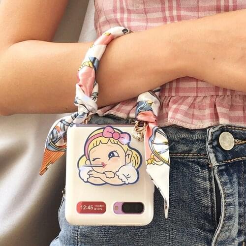 Cover with Lollipop girl stand for ZFlip 5G Samsung Scarf Bracelet Case F7070 Lanyard Korean Etui Women for ZFlip 5G Galaxy Capa